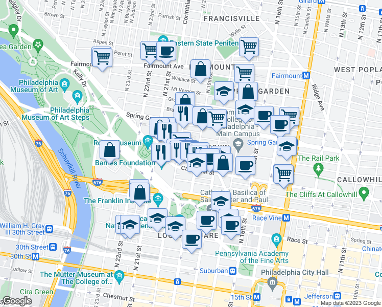 map of restaurants, bars, coffee shops, grocery stores, and more near 1900 Hamilton Street in Philadelphia