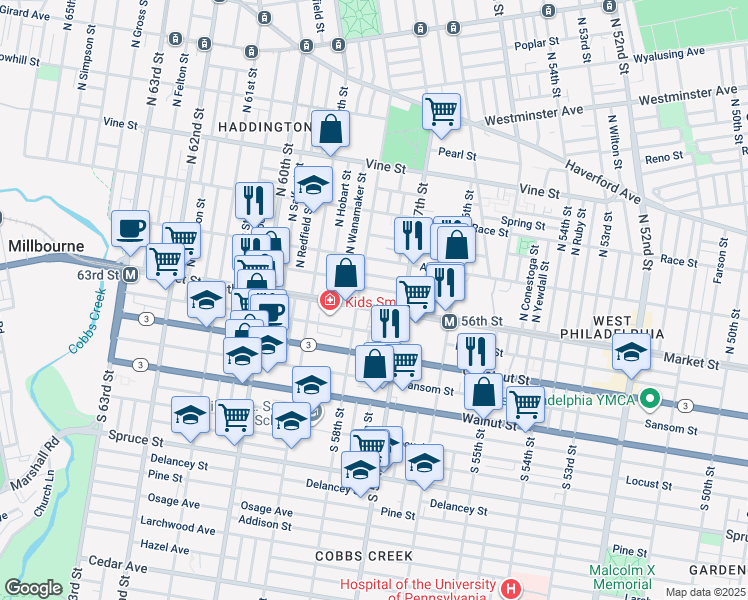 map of restaurants, bars, coffee shops, grocery stores, and more near 5737 Market Street in Philadelphia
