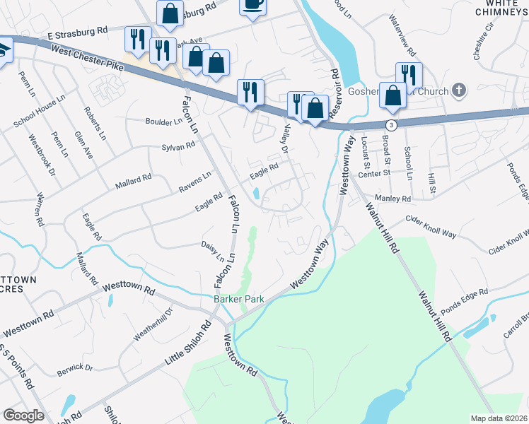 map of restaurants, bars, coffee shops, grocery stores, and more near 2019 Valley Drive in West Chester