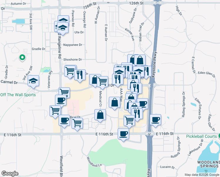 map of restaurants, bars, coffee shops, grocery stores, and more near 325 East Carmel Drive in Carmel