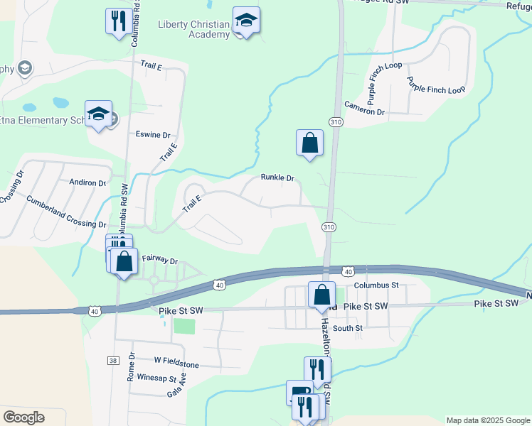 map of restaurants, bars, coffee shops, grocery stores, and more near 10 Spike Rush Court in Pataskala