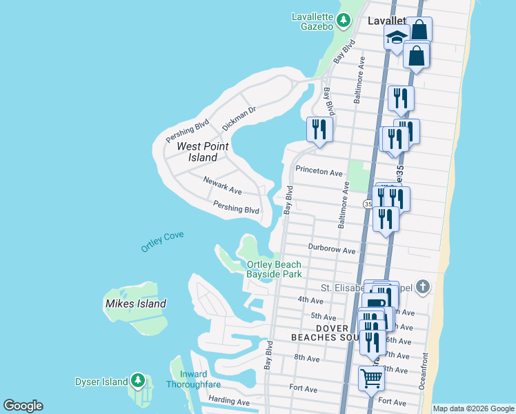 map of restaurants, bars, coffee shops, grocery stores, and more near 111 Dickman Drive in Lavallette