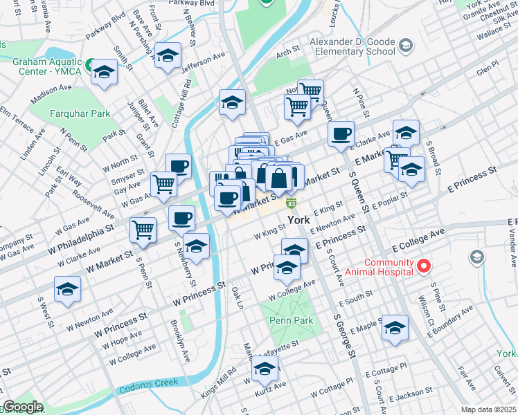 map of restaurants, bars, coffee shops, grocery stores, and more near 13 South Beaver Street in York