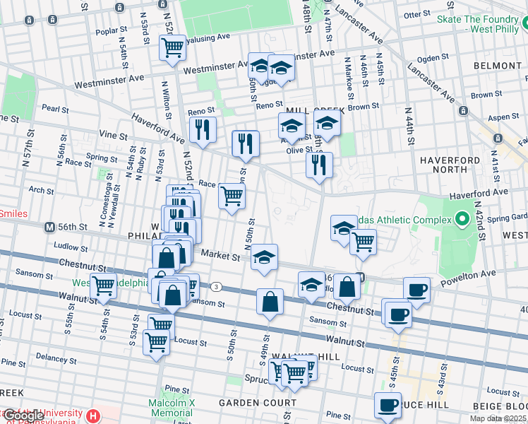 map of restaurants, bars, coffee shops, grocery stores, and more near 126 North 49th Street in Philadelphia