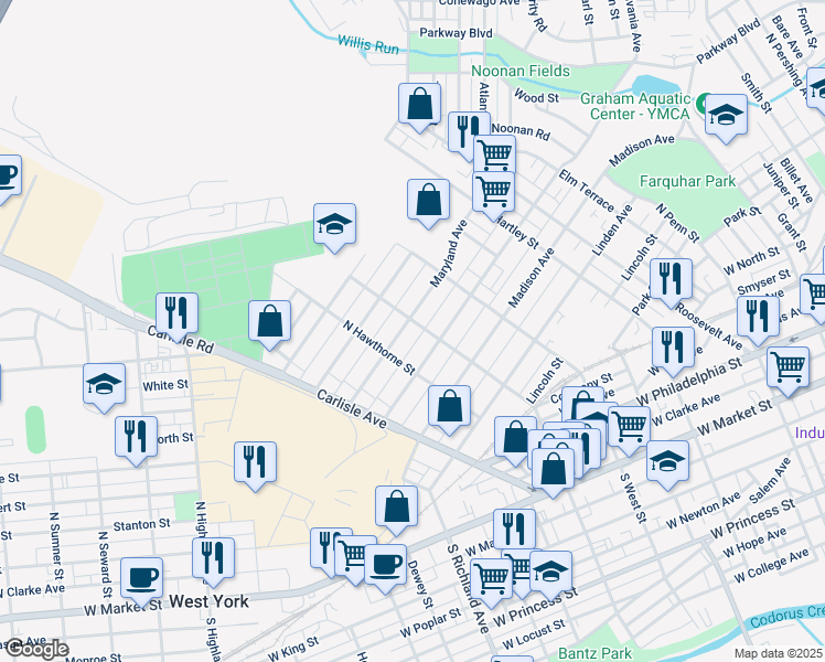 map of restaurants, bars, coffee shops, grocery stores, and more near 704 Maryland Avenue in York