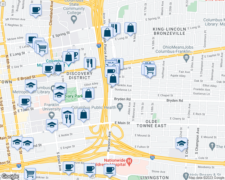 map of restaurants, bars, coffee shops, grocery stores, and more near 122 Parsons Avenue in Columbus