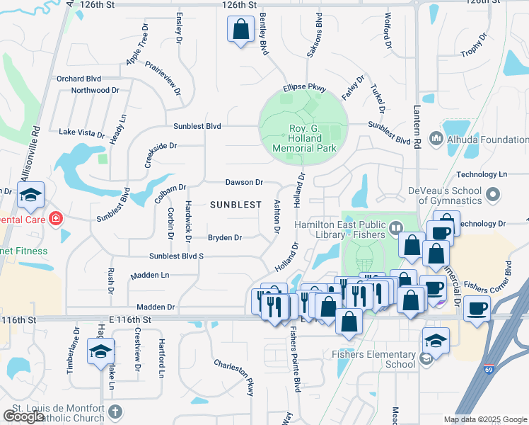 map of restaurants, bars, coffee shops, grocery stores, and more near 7834 Ashton Lane in Fishers