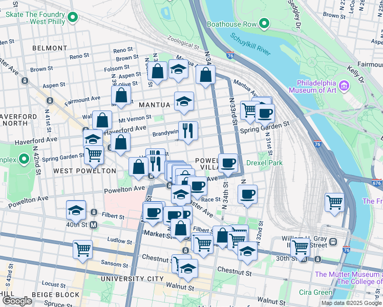 map of restaurants, bars, coffee shops, grocery stores, and more near 3510 Hamilton Street in Philadelphia