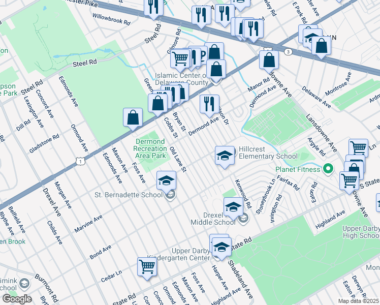 map of restaurants, bars, coffee shops, grocery stores, and more near 1117 Cobbs Street in Drexel Hill