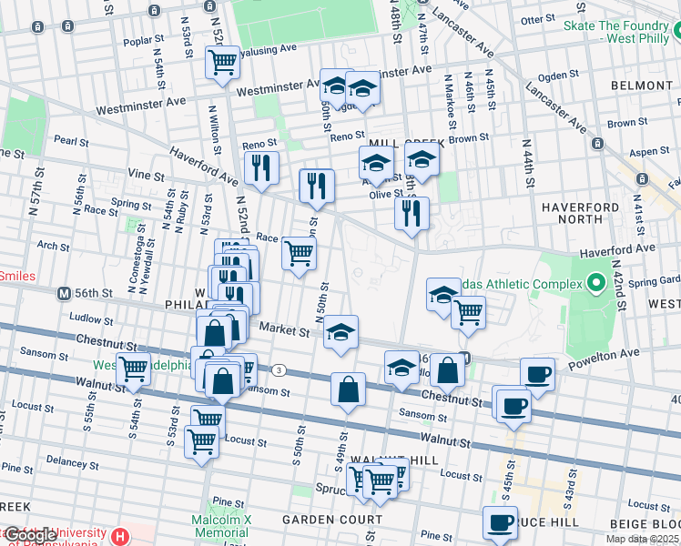 map of restaurants, bars, coffee shops, grocery stores, and more near 126 North 49th Street in Philadelphia