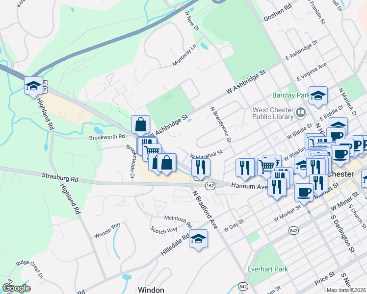 map of restaurants, bars, coffee shops, grocery stores, and more near 571 West Marshall Street in West Chester