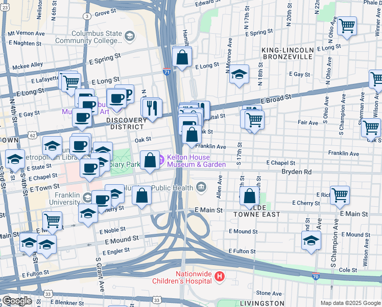 map of restaurants, bars, coffee shops, grocery stores, and more near 122 Parsons Avenue in Columbus