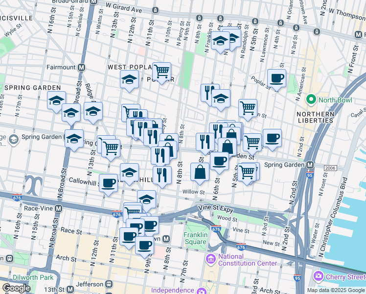 map of restaurants, bars, coffee shops, grocery stores, and more near in Philadelphia