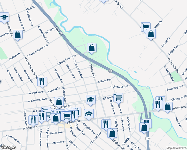 map of restaurants, bars, coffee shops, grocery stores, and more near 402 Stiles Avenue in Maple Shade Township