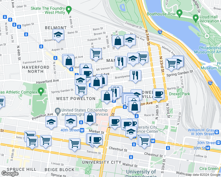 map of restaurants, bars, coffee shops, grocery stores, and more near 3815 Hamilton Street in Philadelphia
