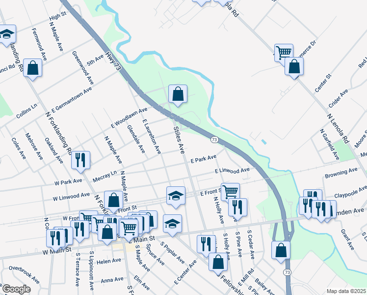 map of restaurants, bars, coffee shops, grocery stores, and more near 411 Stiles Avenue in Maple Shade