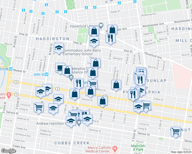 map of restaurants, bars, coffee shops, grocery stores, and more near 25 North 56th Street in Philadelphia