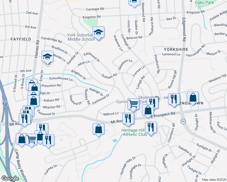 map of restaurants, bars, coffee shops, grocery stores, and more near 2732 Eastwood Drive in East York
