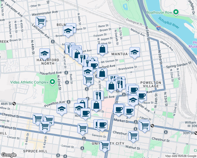 map of restaurants, bars, coffee shops, grocery stores, and more near 430 North 39th Street in Philadelphia