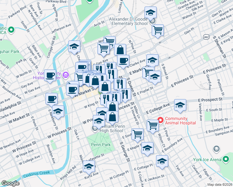 map of restaurants, bars, coffee shops, grocery stores, and more near 50 East King Street in York
