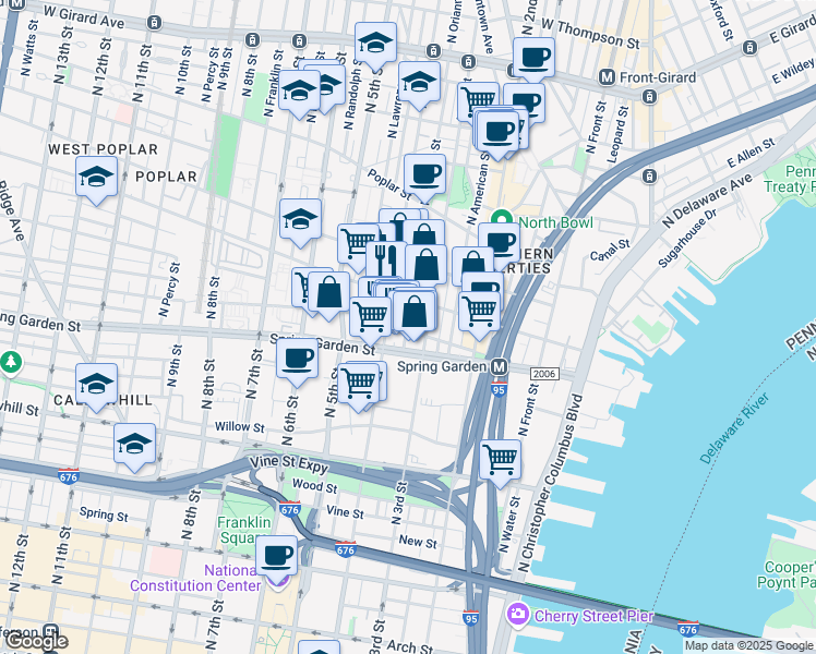 map of restaurants, bars, coffee shops, grocery stores, and more near 545 North Orianna Street in Philadelphia