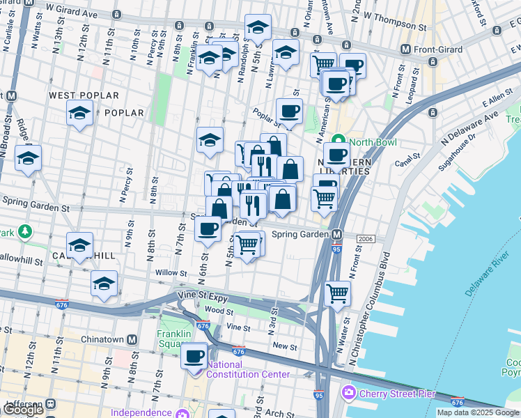 map of restaurants, bars, coffee shops, grocery stores, and more near 553 North Lawrence Street in Philadelphia