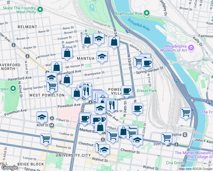 map of restaurants, bars, coffee shops, grocery stores, and more near 3509 Baring Street in Philadelphia