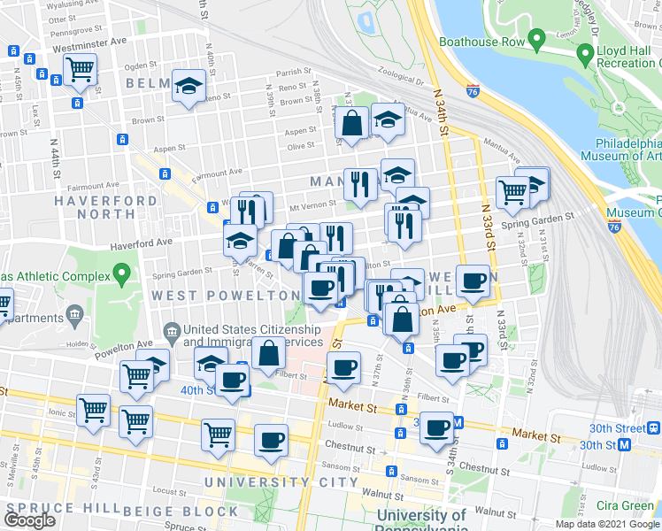map of restaurants, bars, coffee shops, grocery stores, and more near 3827 Hamilton Street in Philadelphia