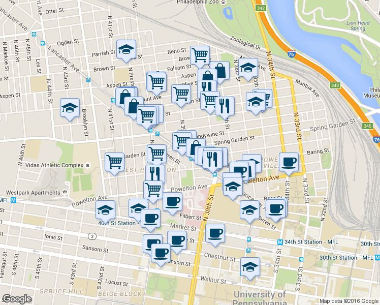 map of restaurants, bars, coffee shops, grocery stores, and more near in Philadelphia