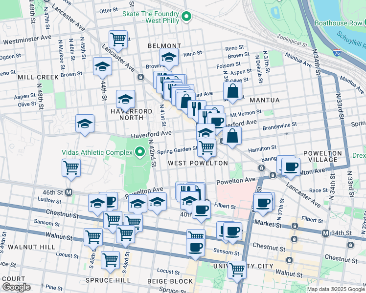 map of restaurants, bars, coffee shops, grocery stores, and more near 4043 Spring Garden Street in Philadelphia