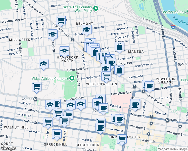 map of restaurants, bars, coffee shops, grocery stores, and more near 4047 Spring Garden Street in Philadelphia