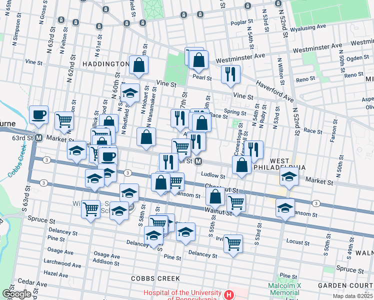 map of restaurants, bars, coffee shops, grocery stores, and more near 15 North Frazier Street in Philadelphia