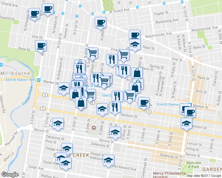 map of restaurants, bars, coffee shops, grocery stores, and more near in Philadelphia