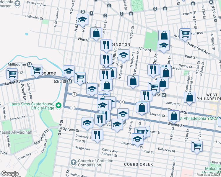 map of restaurants, bars, coffee shops, grocery stores, and more near 9 South Salford Street in Philadelphia