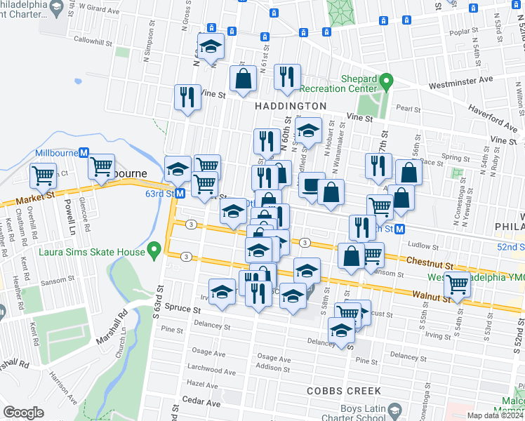 map of restaurants, bars, coffee shops, grocery stores, and more near in Philadelphia