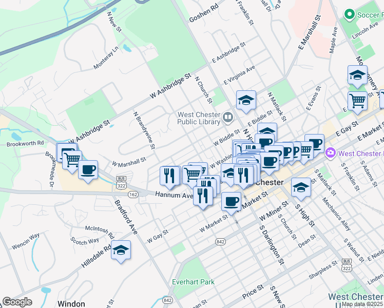 map of restaurants, bars, coffee shops, grocery stores, and more near 313 West Biddle Street in West Chester