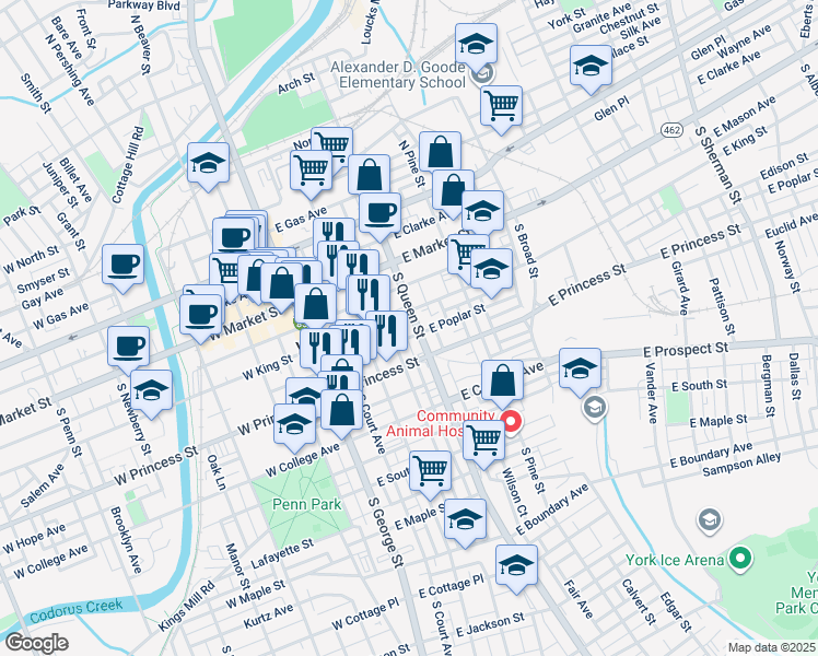 map of restaurants, bars, coffee shops, grocery stores, and more near 115 South Howard Street in York