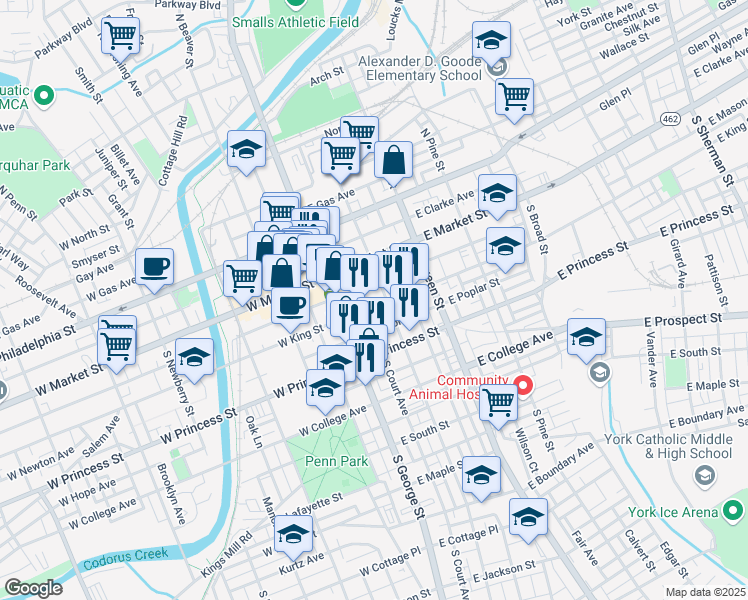 map of restaurants, bars, coffee shops, grocery stores, and more near 50 East King Street in York