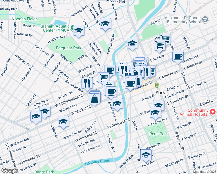 map of restaurants, bars, coffee shops, grocery stores, and more near 234 West Clarke Avenue in York