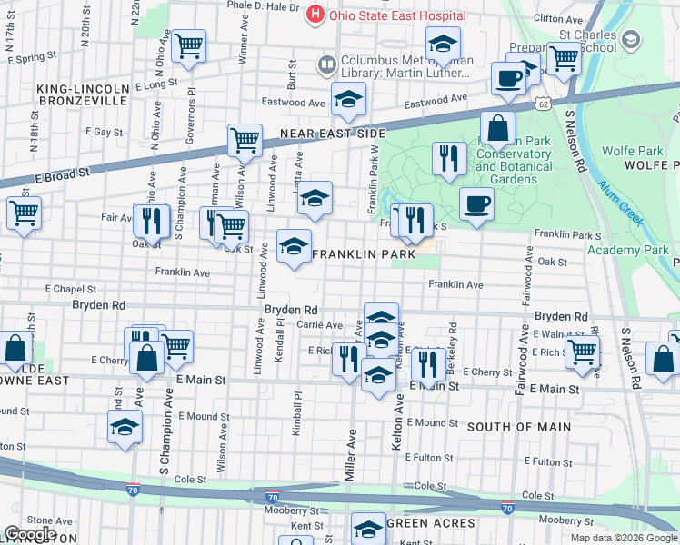 map of restaurants, bars, coffee shops, grocery stores, and more near 1420 Franklin Avenue in Columbus