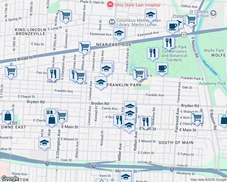 map of restaurants, bars, coffee shops, grocery stores, and more near 1420 Franklin Avenue in Columbus