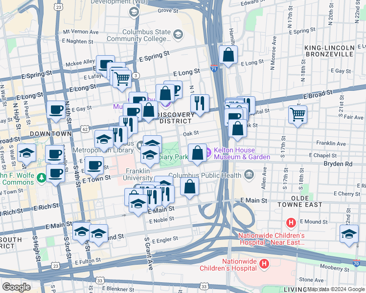 map of restaurants, bars, coffee shops, grocery stores, and more near 527 Franklin Avenue in Columbus