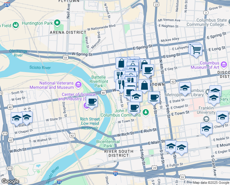 map of restaurants, bars, coffee shops, grocery stores, and more near 25 South Front Street in Columbus
