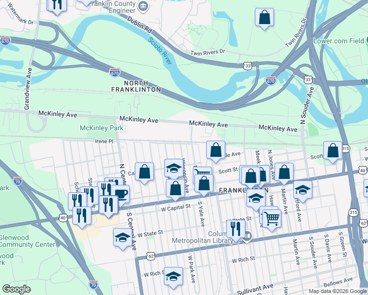 map of restaurants, bars, coffee shops, grocery stores, and more near 157 Wisconsin Avenue in Columbus