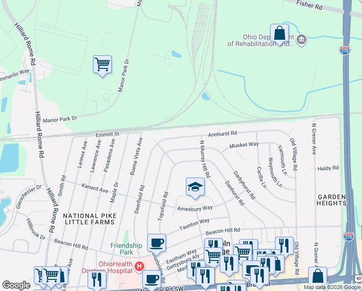 map of restaurants, bars, coffee shops, grocery stores, and more near 4950 Hamden Way in Columbus