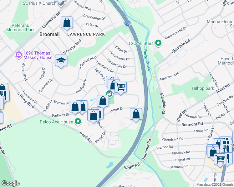 map of restaurants, bars, coffee shops, grocery stores, and more near 630 Parkway Drive in Broomall