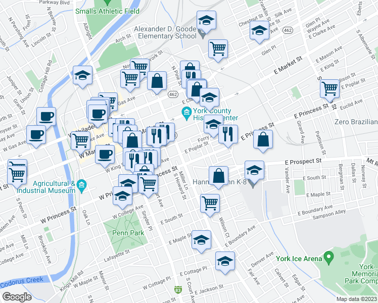 map of restaurants, bars, coffee shops, grocery stores, and more near 220 East Poplar Street in York