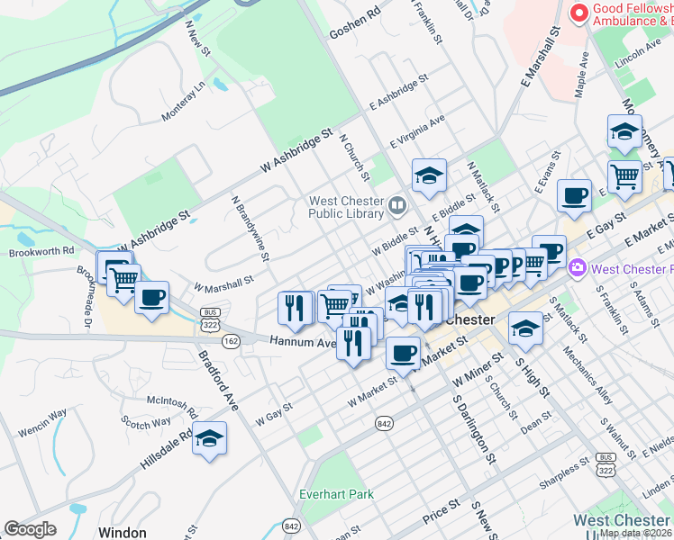 map of restaurants, bars, coffee shops, grocery stores, and more near 313 West Biddle Street in West Chester
