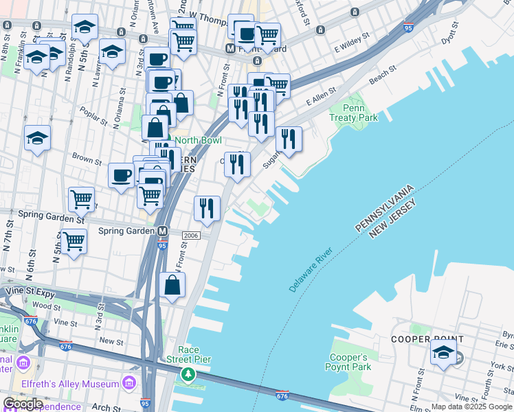 map of restaurants, bars, coffee shops, grocery stores, and more near 901 North Penn Street in Philadelphia