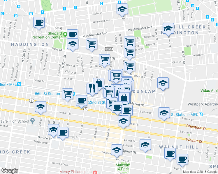 map of restaurants, bars, coffee shops, grocery stores, and more near 55 North Ruby Street in Philadelphia